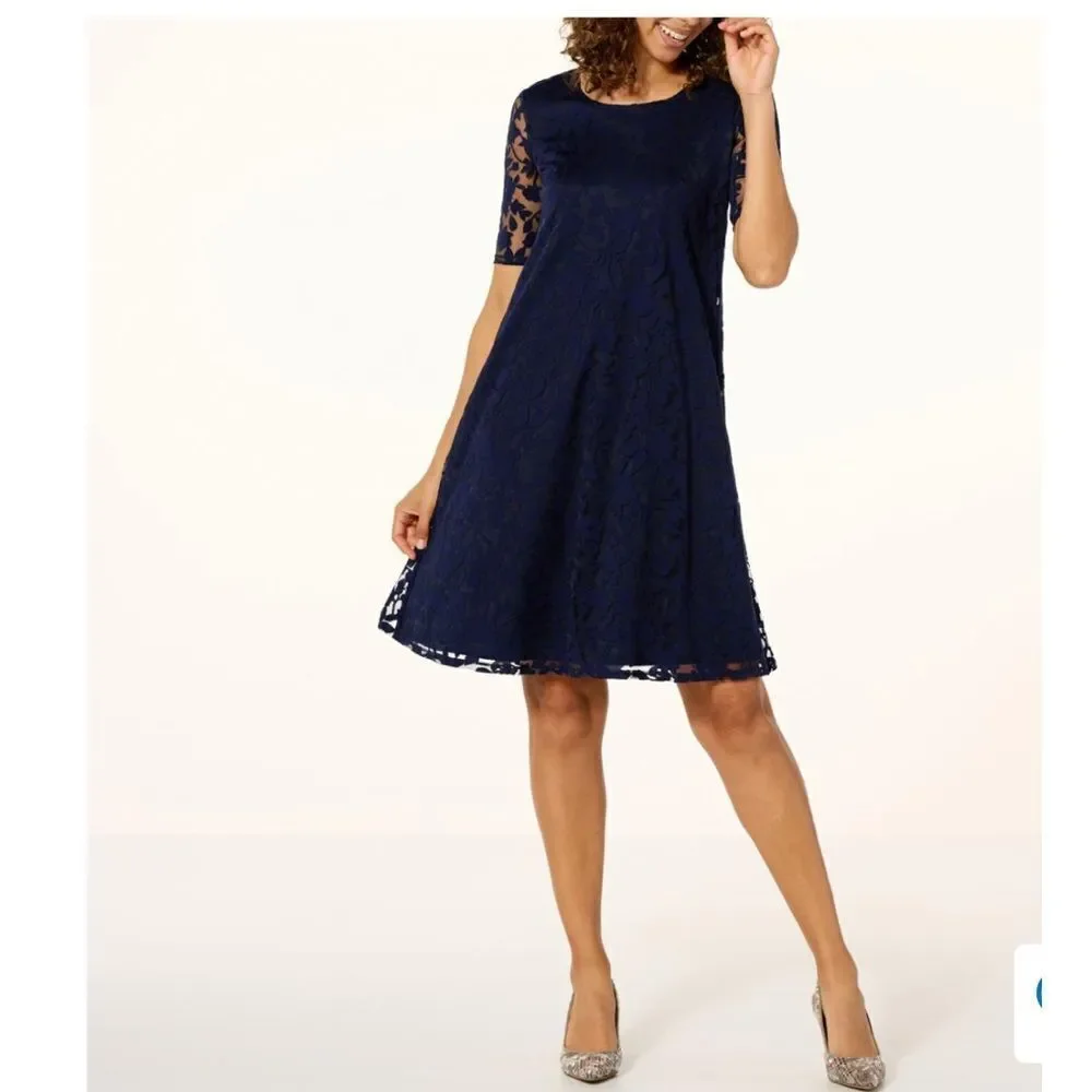 Nina Leonard Novelty Burnout Dress, navy blue, size M